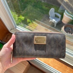 Michael Kors Dark Brown Signature Monogram Zip-Around Wallet with Gold Hardware